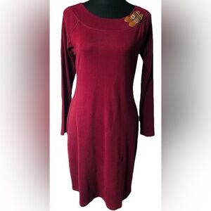 Lauren Ralph Lauren Knit Dress Maroon Leather Buckle Size M Midi Long Sleeve